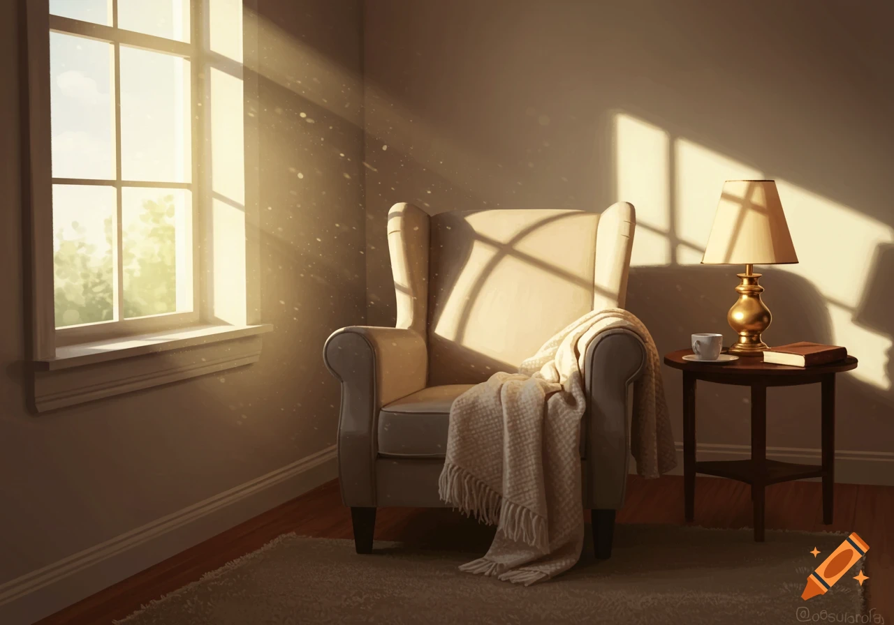 A cozy room with a sunlit armchair, a blanket, a lamp, and a book on a side table by a window.