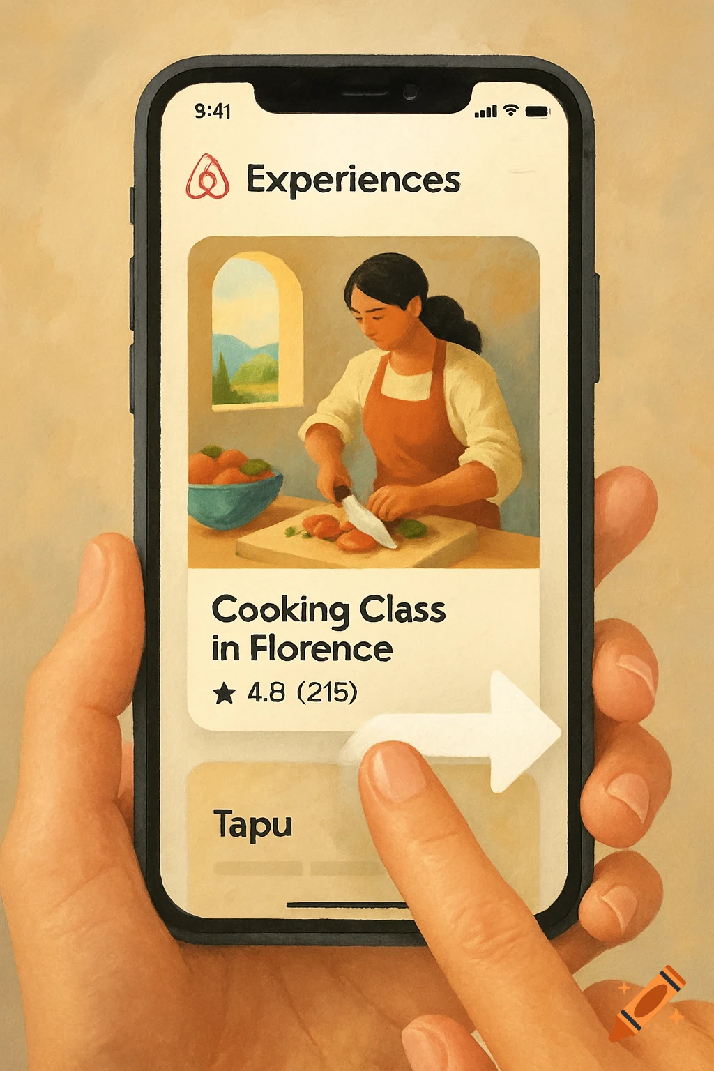 A hand holding an iPhone displaying an Airbnb Experiences app screen with a cooking class in Florence and a finger swiping.