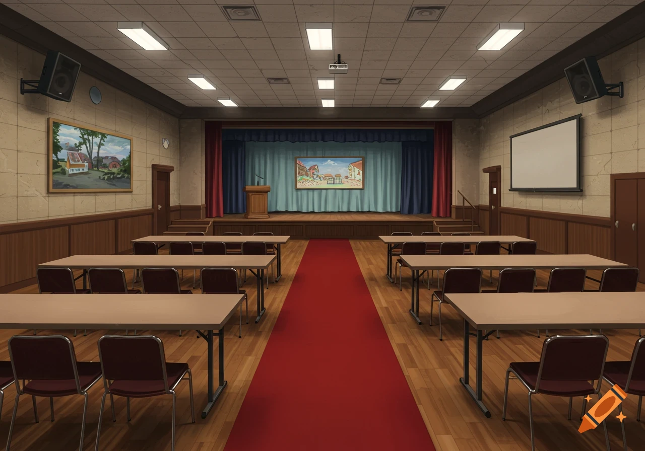 Anime style illustration of an empty community theatre or auditorium with a stage, rows of tables and chairs, and a red carpet down the center aisle.