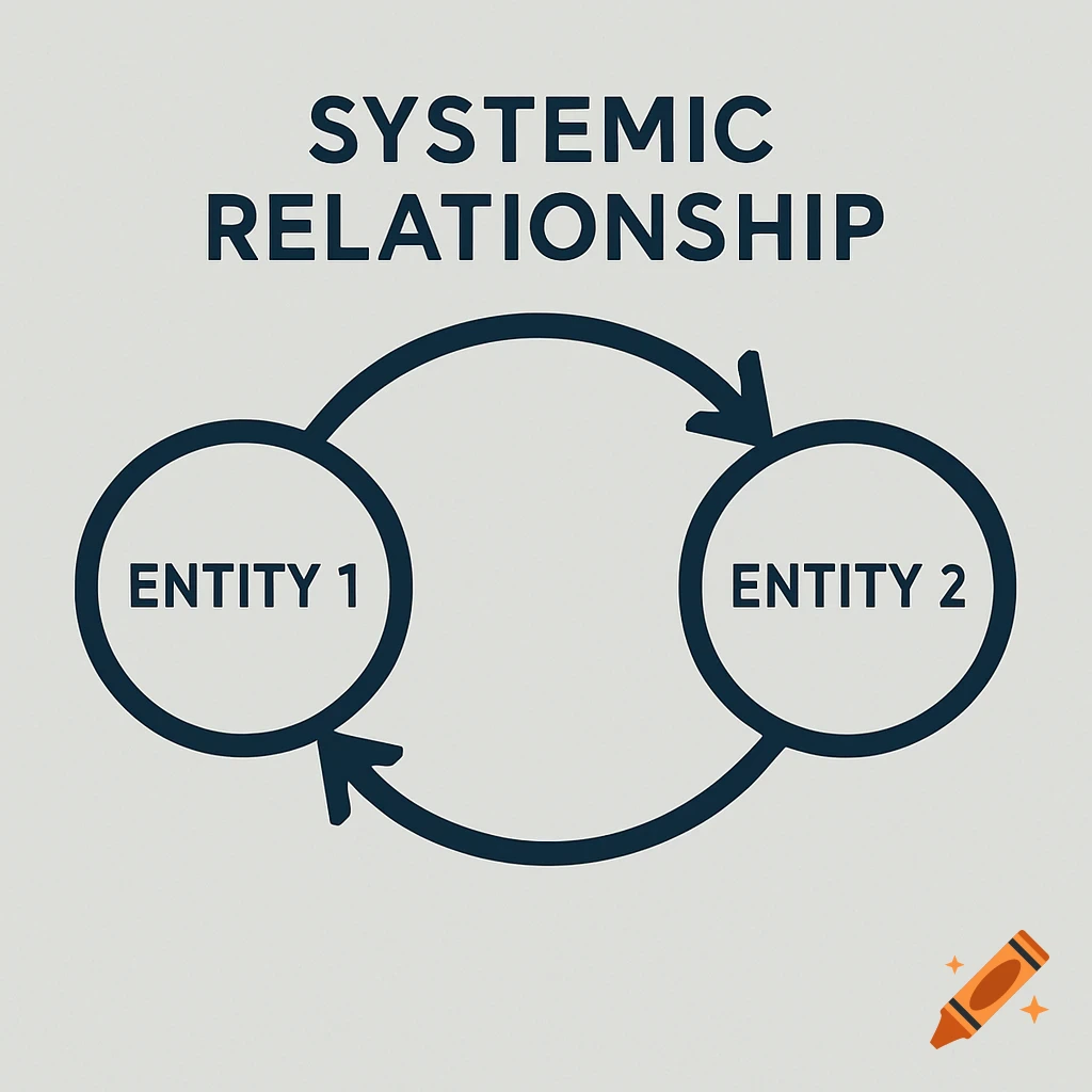 A diagram shows a systemic relationship between two entities connected by a circular arrow.