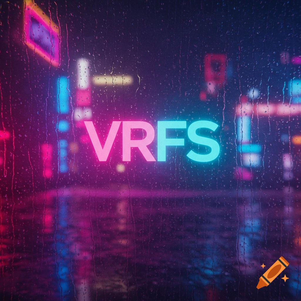 Neon glowing letters VRFS seen through a rainy window, with blurred cyberpunk city lights in the background.