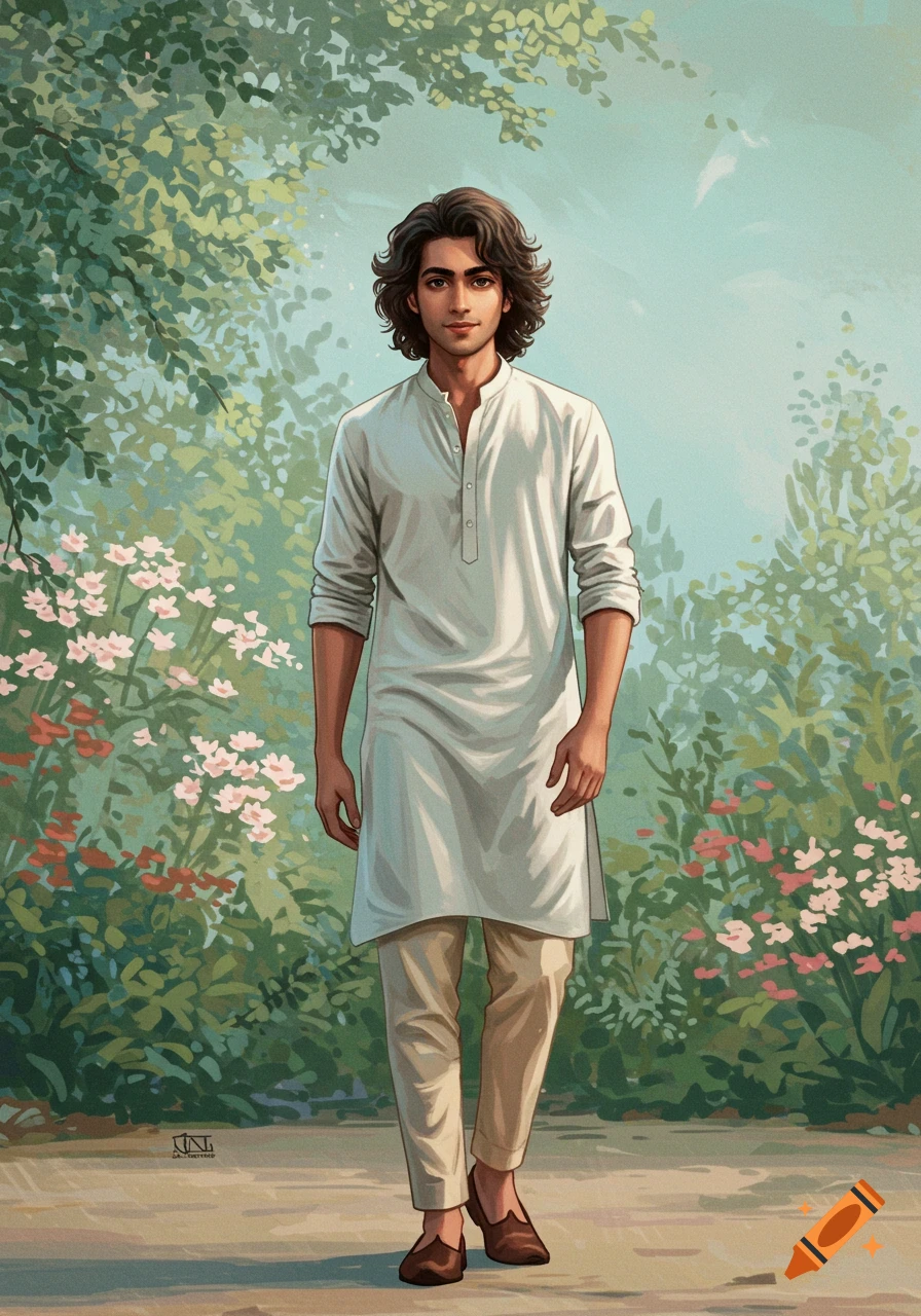 An illustration of a young man with dark wavy hair wearing a white kurta and beige pants, walking on a path in a lush green garden with pink flowers.