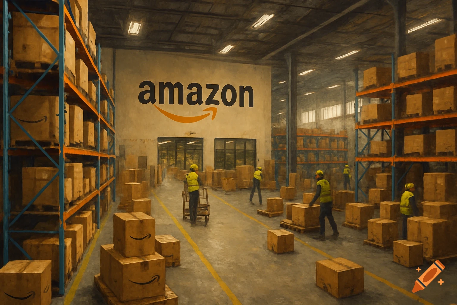 An Amazon warehouse with many boxes stacked on shelves and workers moving them, rendered in a stylized, painterly way.