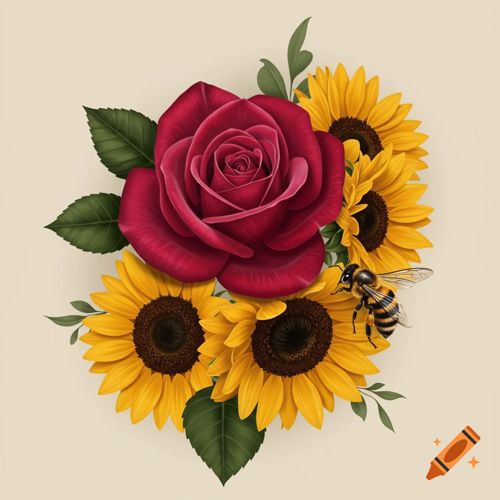 Illustration of a rose and sunflower bouquet with a bee, like a tattoo design