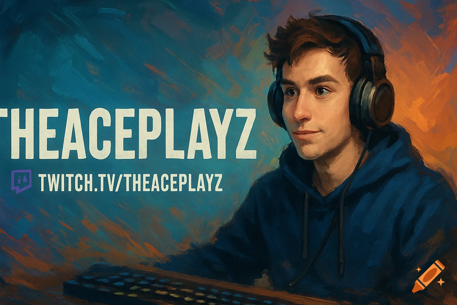 Painterly portrait of a gamer with headphones and keyboard, against a blue and orange background, with 'THEACEPLAYZ' and Twitch branding.
