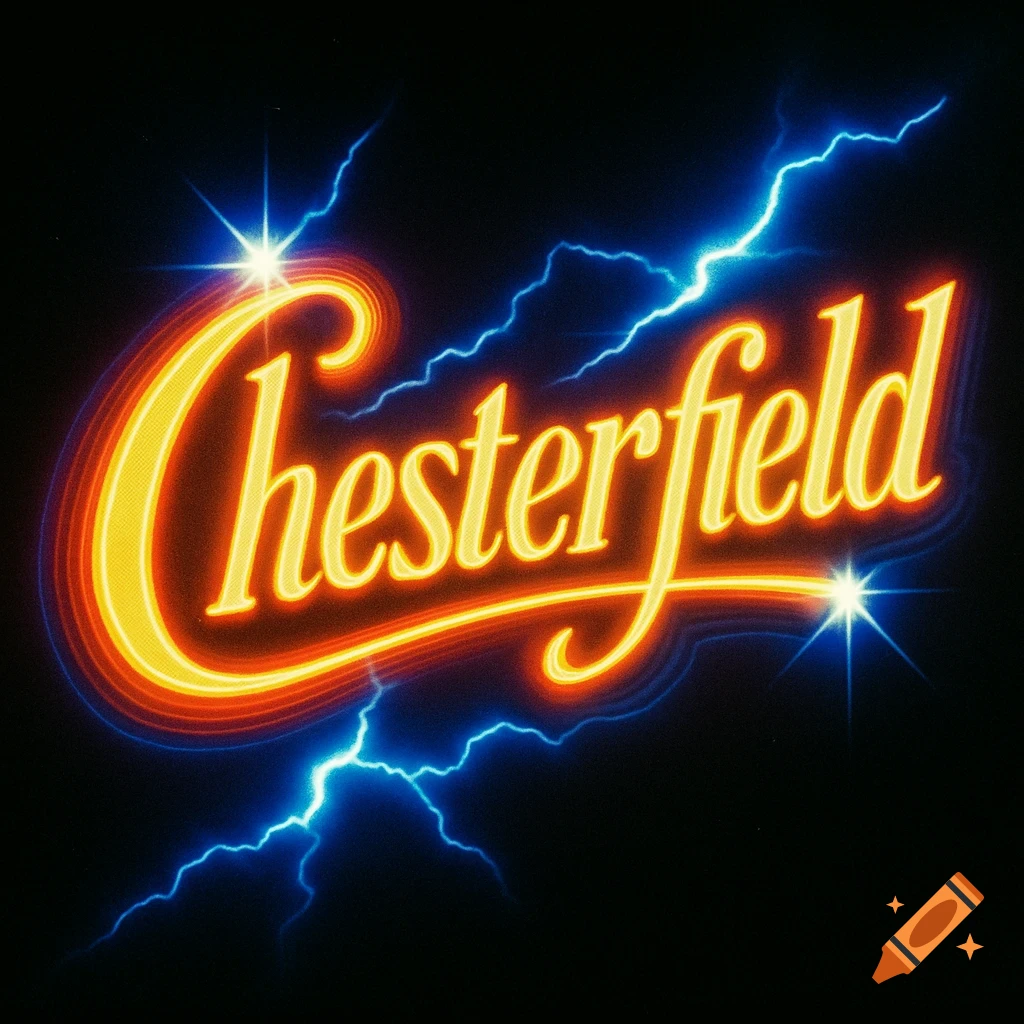 The word "Chesterfield" written in a glowing, orange-red retro font with blue lightning bolts on a black background.
