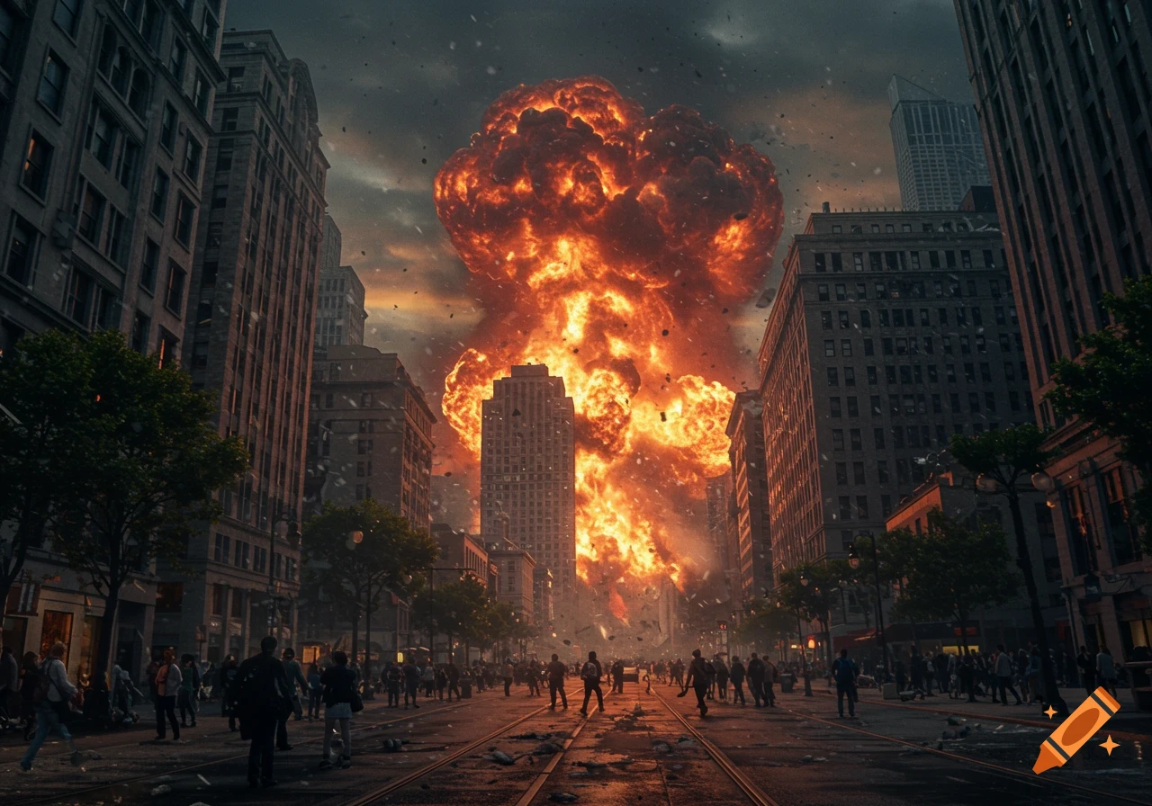A city street with people amidst falling debris, a massive fiery explosion engulfing buildings in the background under a dark sky.