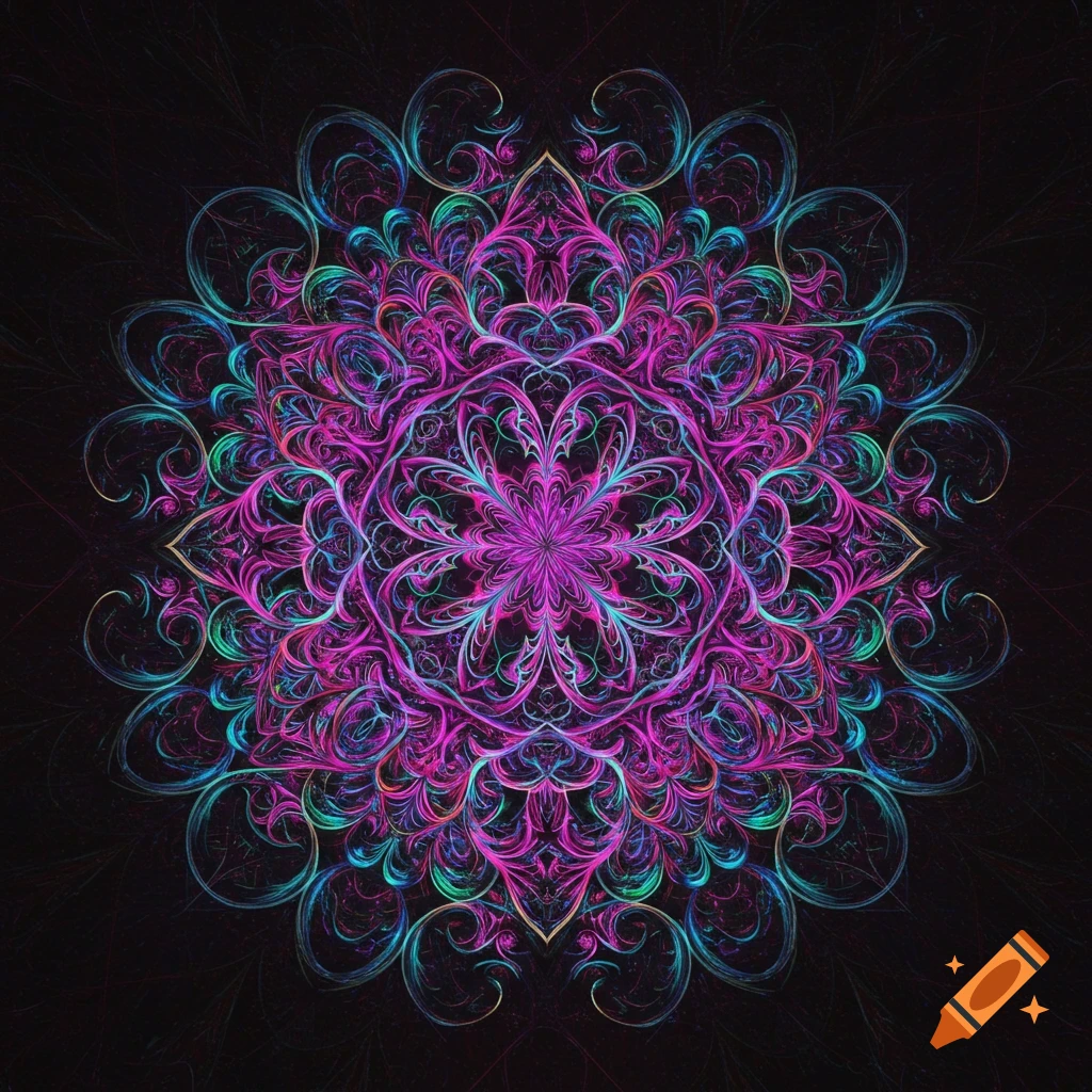 A trippy, ornate mandala with neon pink, purple, and teal colors on a dark background.