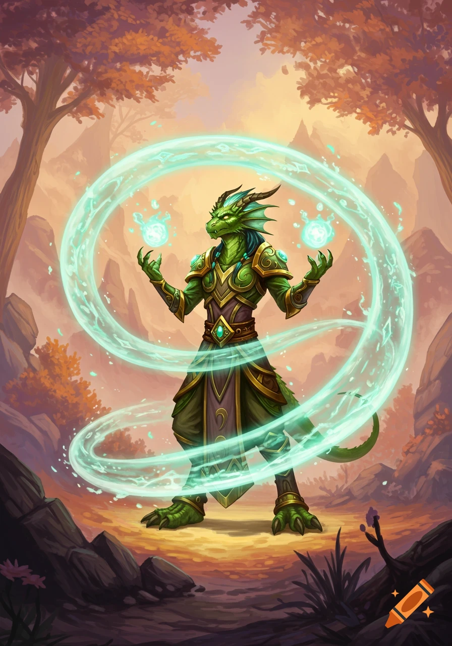 A green dragonkin casts glowing turquoise magic in a fantasy forest.