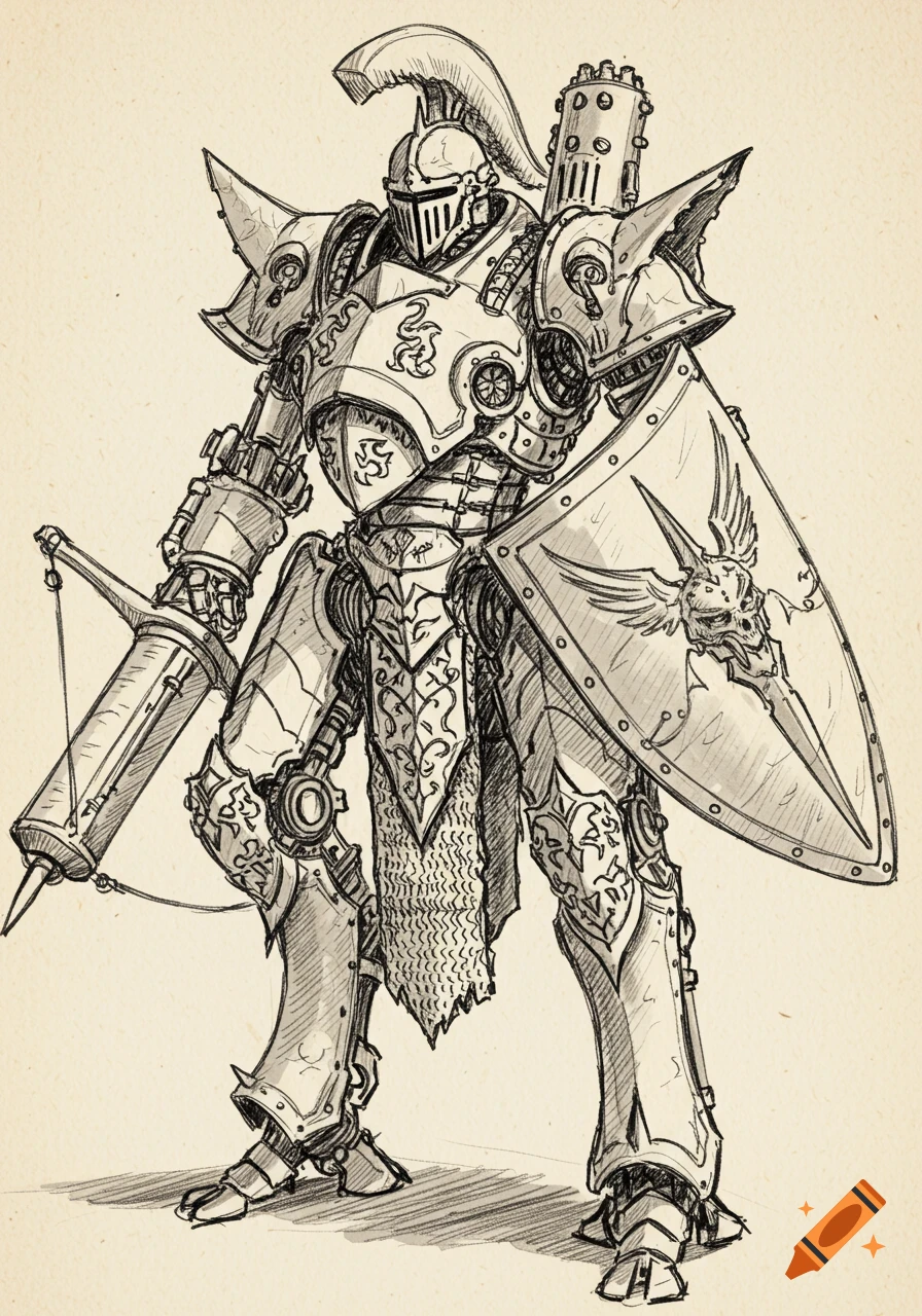 A rough pencil sketch of a medieval fantasy mecha knight with a ballista and shield.
