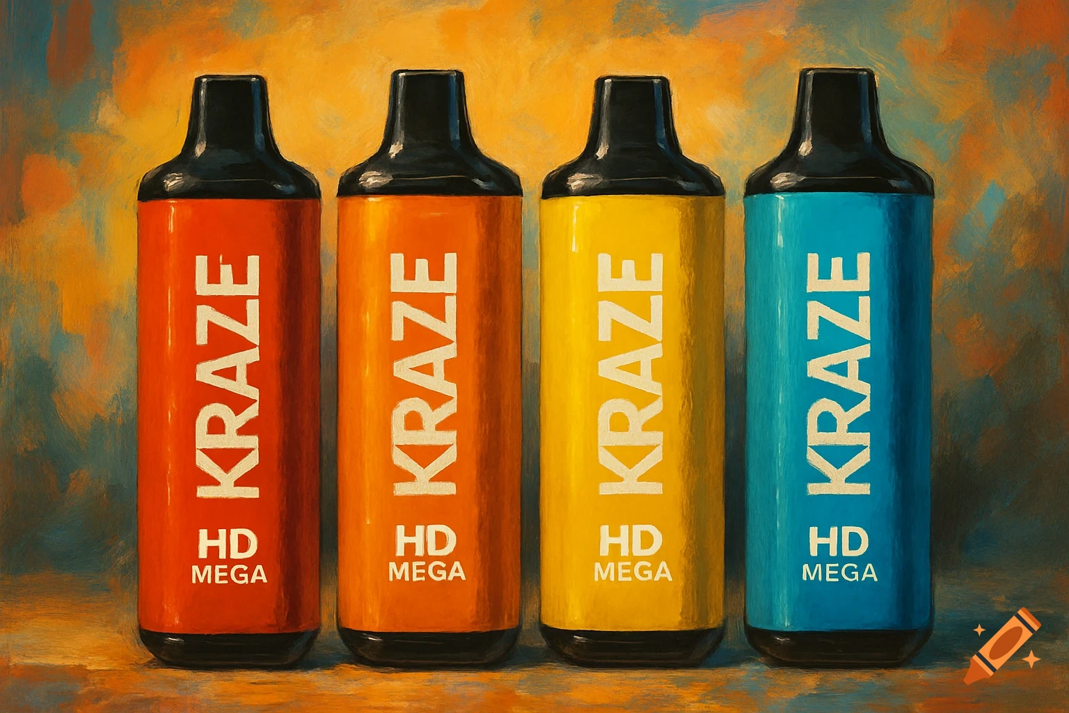 Four colorful disposable vapes in red, orange, yellow, and blue, each labeled KRAZE HD MEGA, depicted in a painterly style.