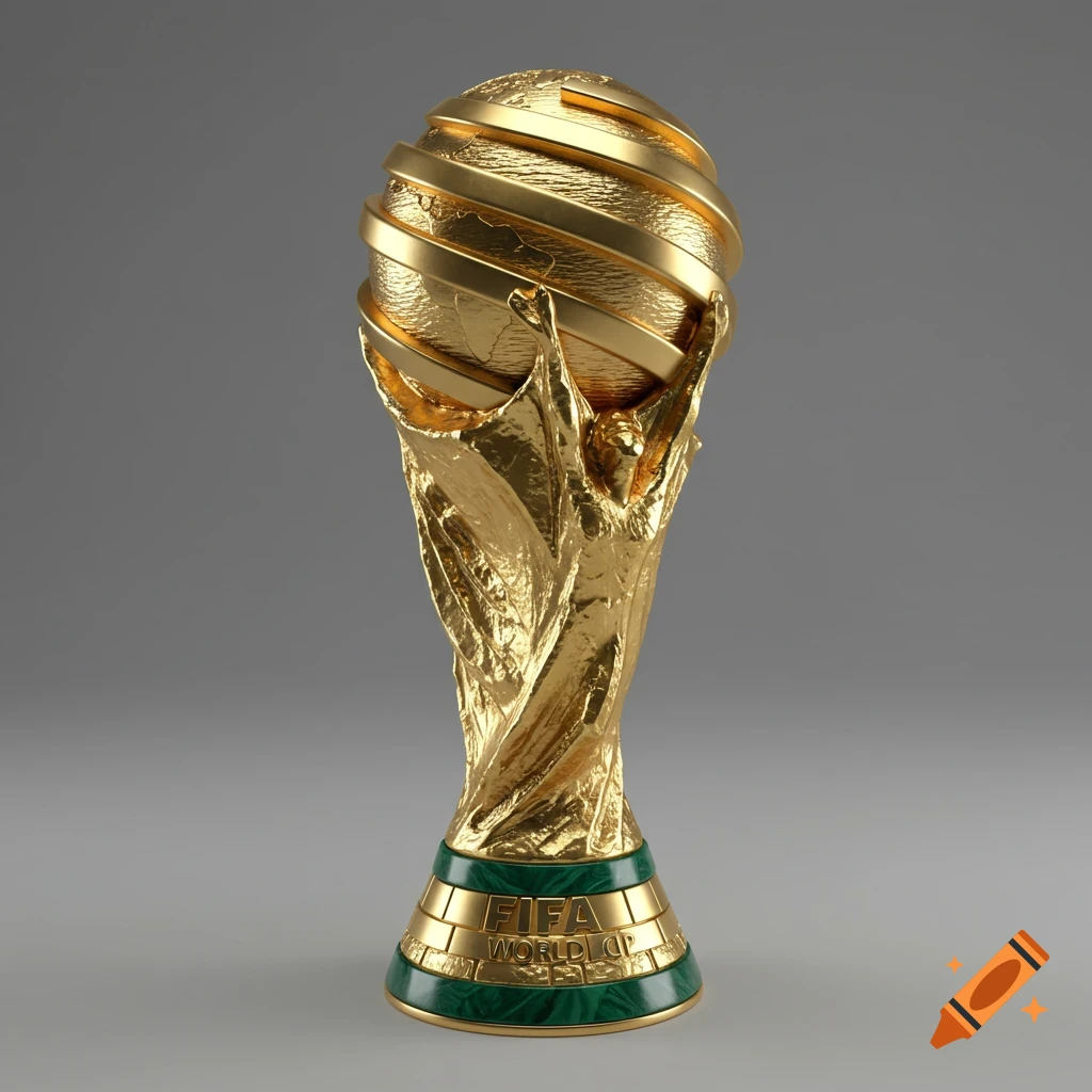 A detailed golden trophy resembling the FIFA World Cup, featuring a globe on top and a green base, set against a gray background.