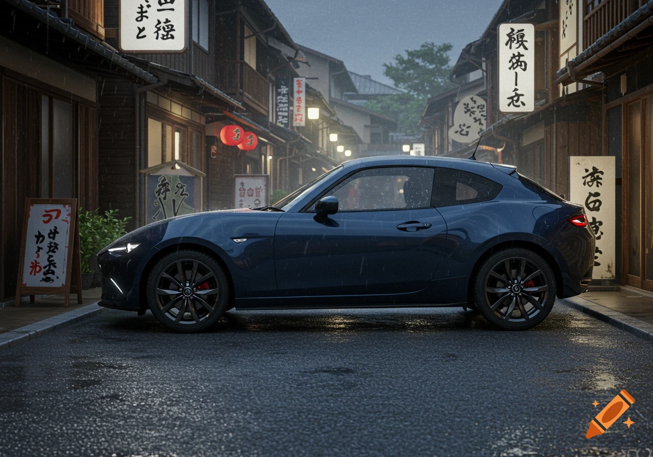 Navy blue Mazda MX-3 Sport hatchback parked on a wet Japanese side street in the rain with traditional shops in the background. Photorealistic style.