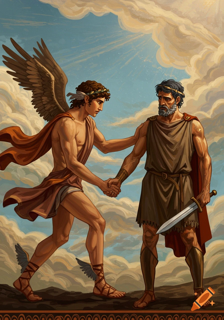 Hermes, with wings and a laurel wreath, shakes hands with a bearded man in a tunic, holding a sword, against a cloudy sky.