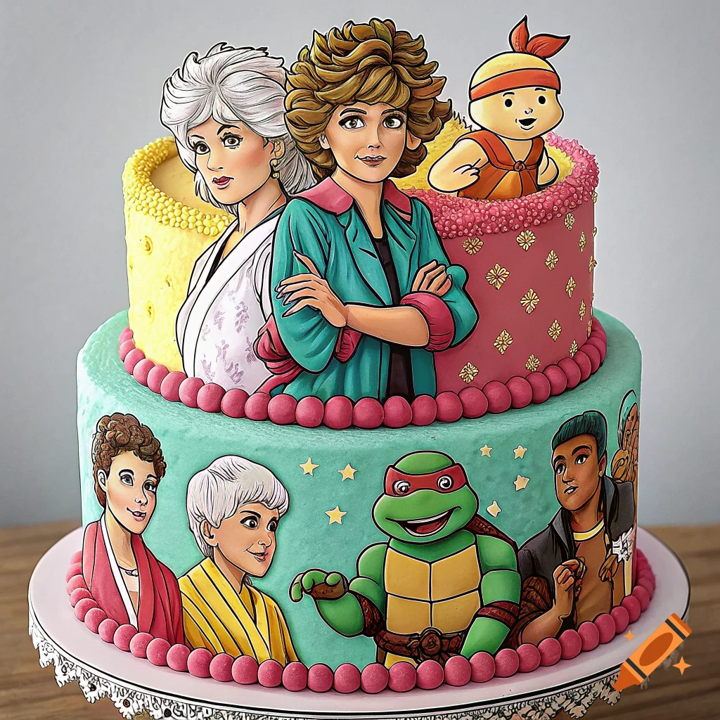 A tiered cake decorated with illustrations of 80s pop culture characters including Golden Girls, a Teenage Mutant Ninja Turtle, and others.