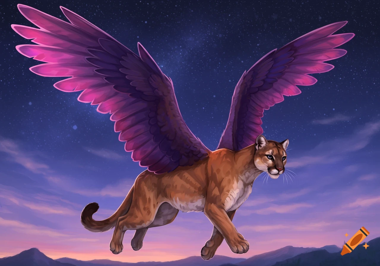 A cougar with large purple wings flies through a starry night sky above a mountain range at dusk.