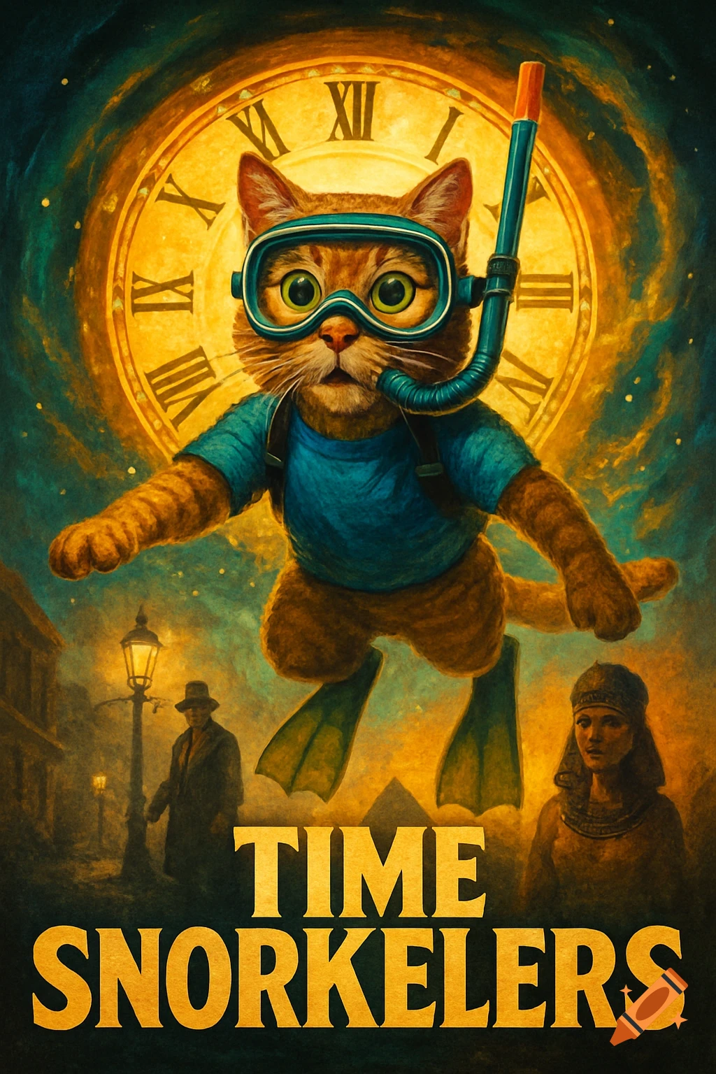 A ginger cat wearing snorkeling gear and flippers floats in front of a golden clock face, with a street scene and an ancient figure in the background. Stylized movie poster.