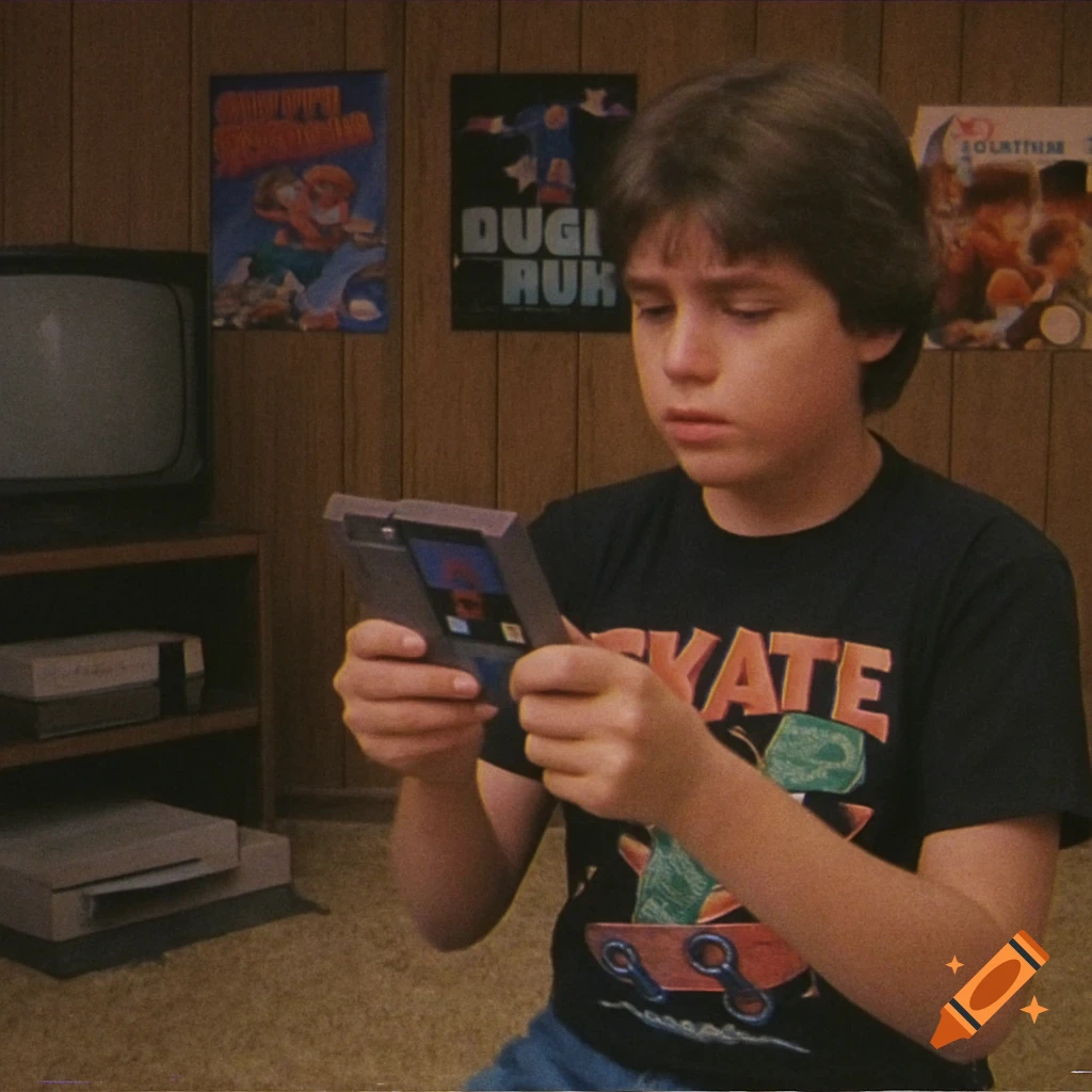 A young boy in a black graphic tee holds an NES game cartridge in a retro 80s room with wood paneling, a CRT TV, and posters.
