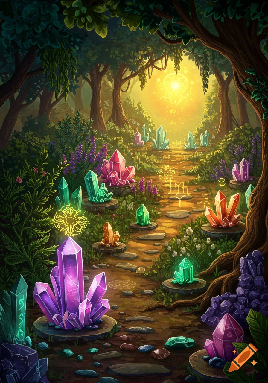 A mystical fantasy garden path lined with glowing, colorful crystals and vibrant plants under a warm sunlit sky.