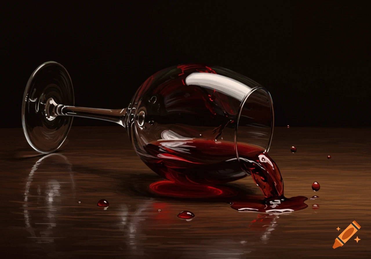 A photorealistic image of a fallen wine glass spilling red wine onto a dark wooden table.