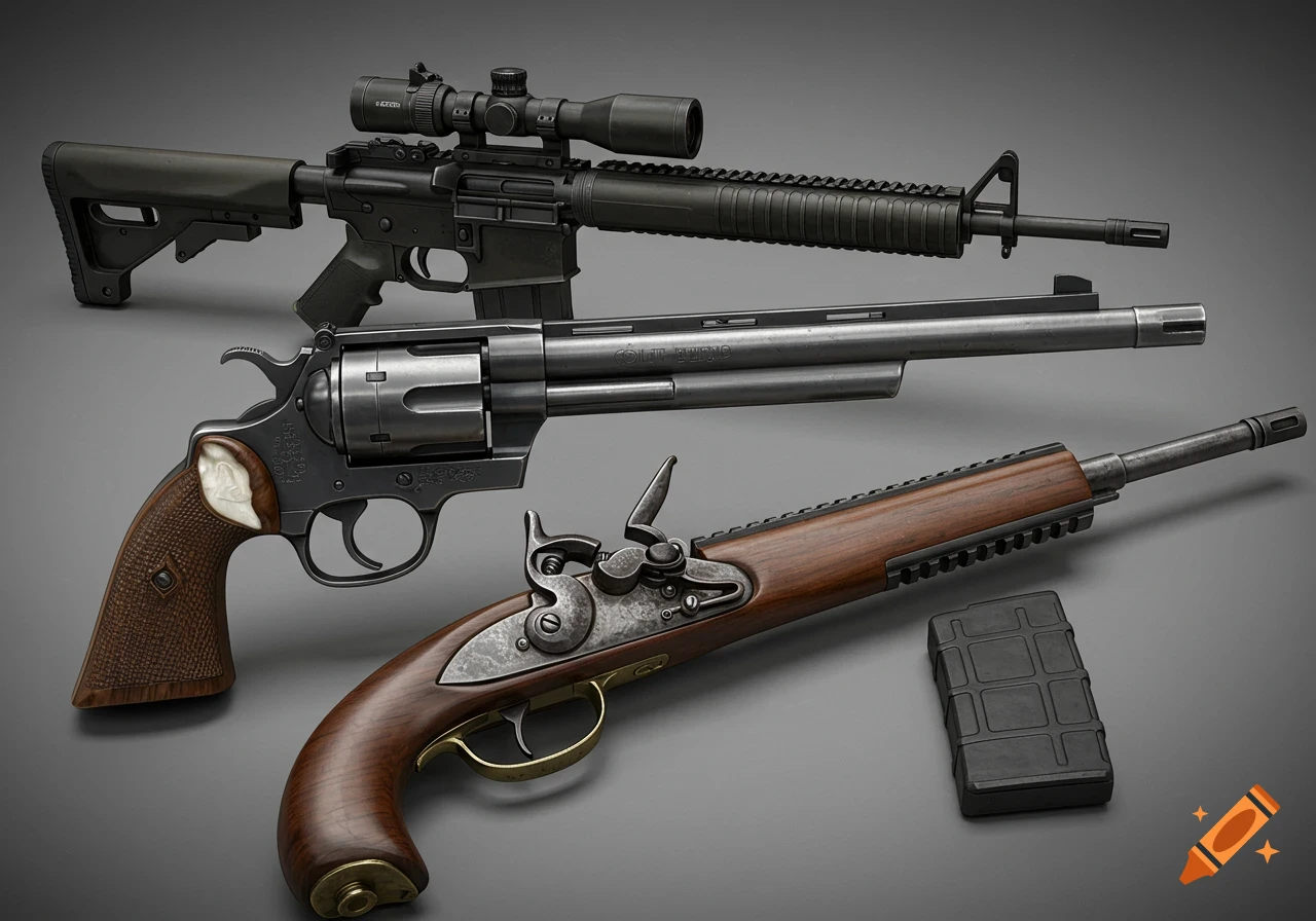 A collection of firearms including a rifle, a revolver, and a muzzleloader, with a magazine, on a gray background.