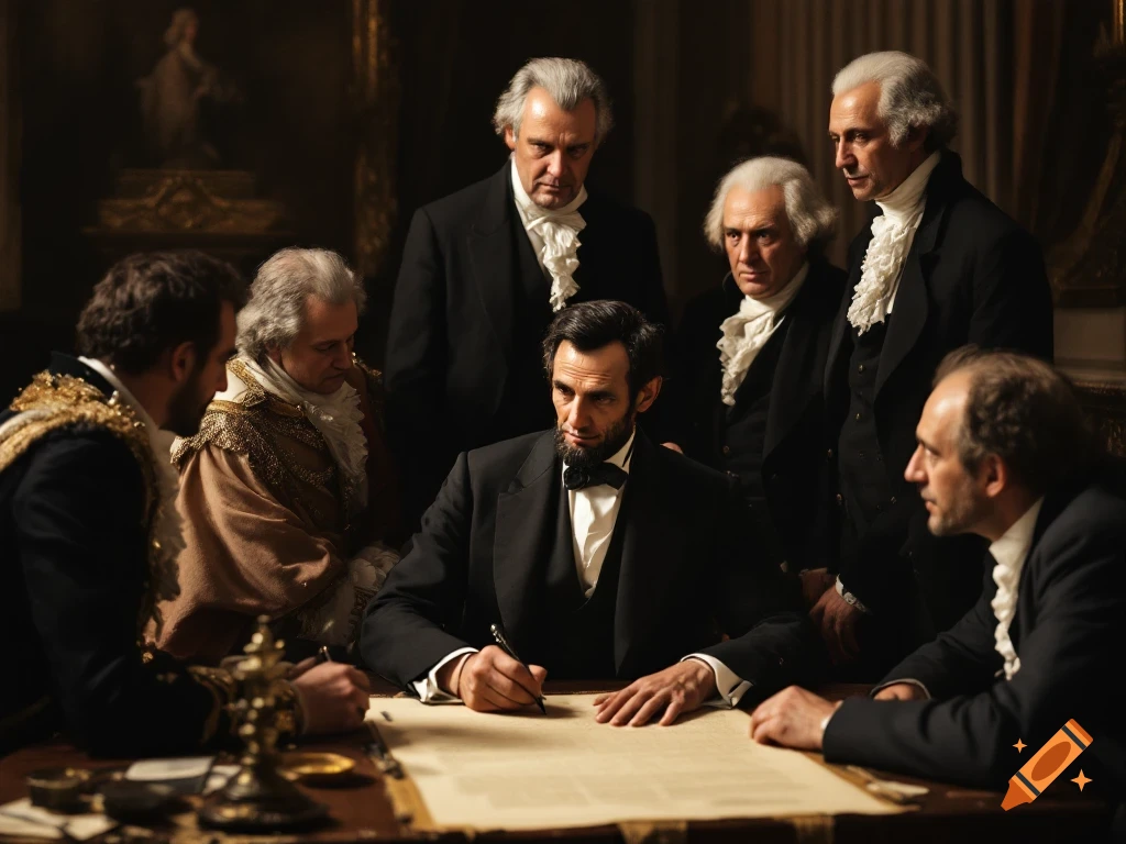 Photorealistic image of Abraham Lincoln signing a document, surrounded by historical figures in period attire.