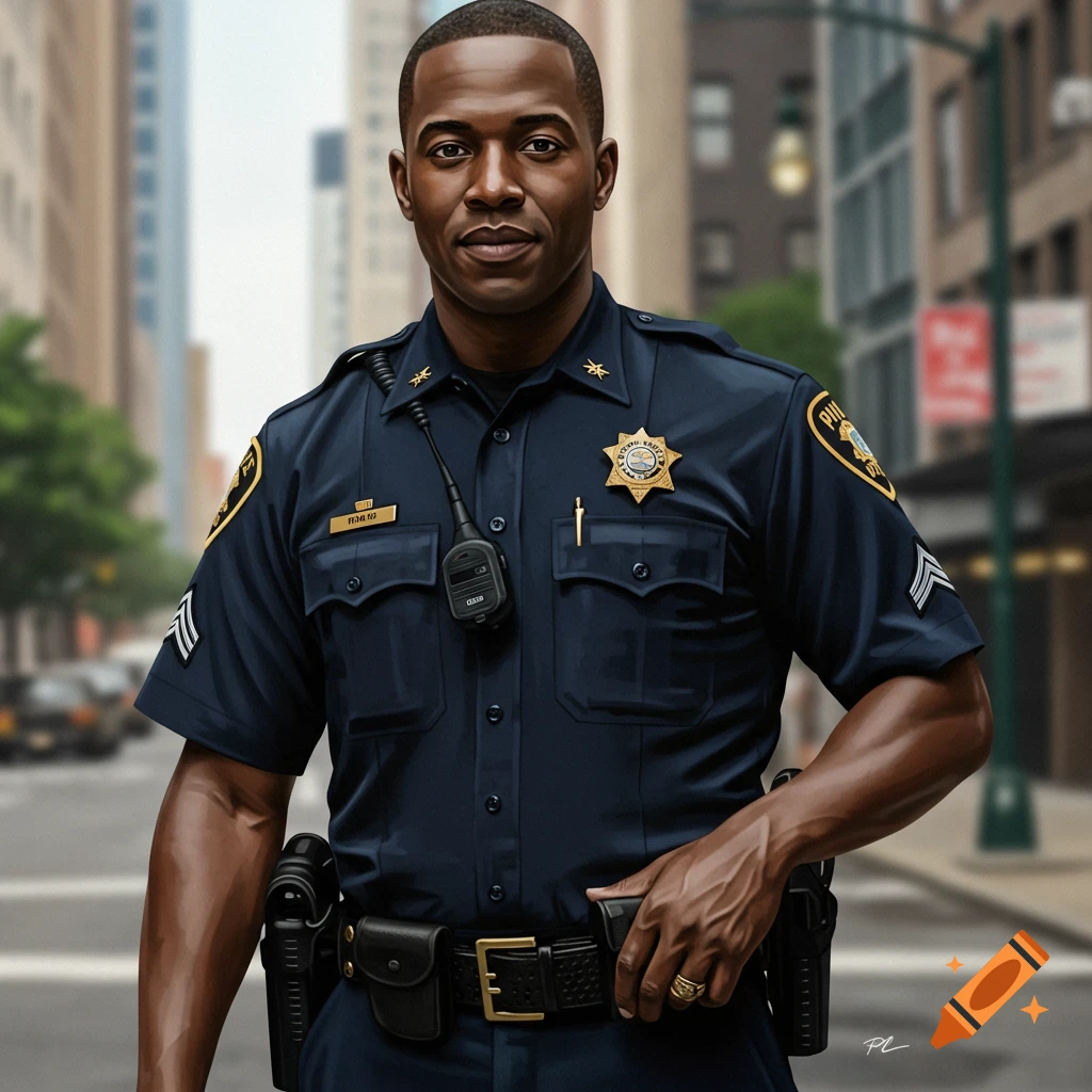 A photorealistic portrait of an African American police officer in uniform standing on a city street.