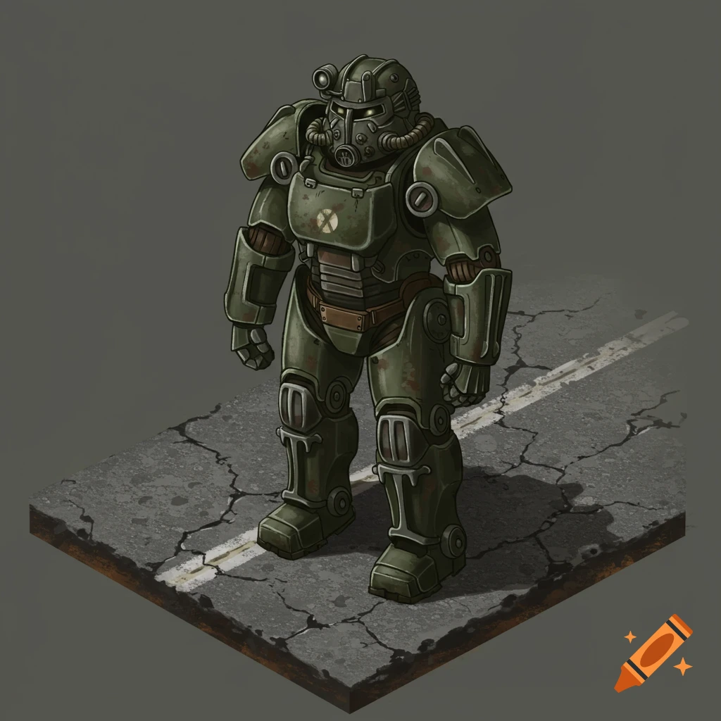 A person in green power armor stands on a cracked road.