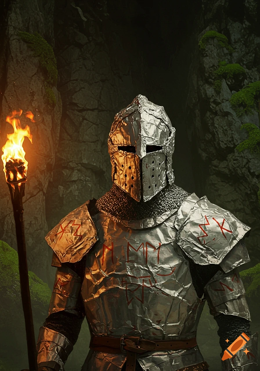 A knight in crumpled silver armor with red runes holds a lit torch in a dark, mossy cavern.