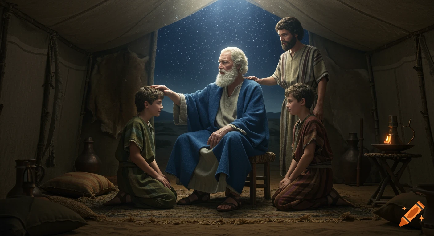 An elderly patriarch blesses two young boys kneeling before him inside a tent, with a man standing behind. Stars are visible through the tent opening, and a lamp illuminates the scene.