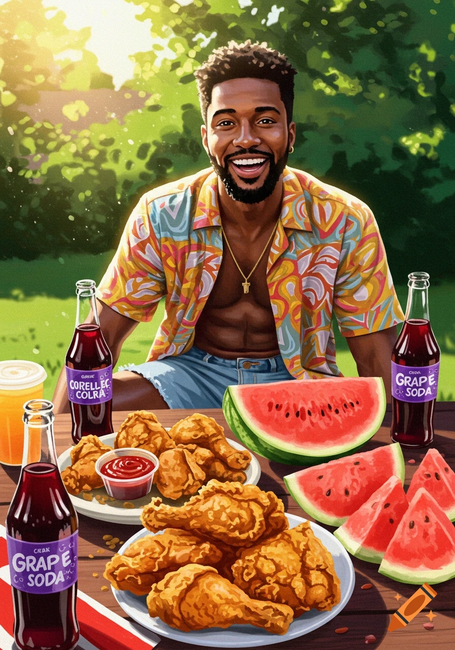 A smiling Black man sits at a sunny outdoor picnic table laden with fried chicken, watermelon slices, and grape soda bottles.