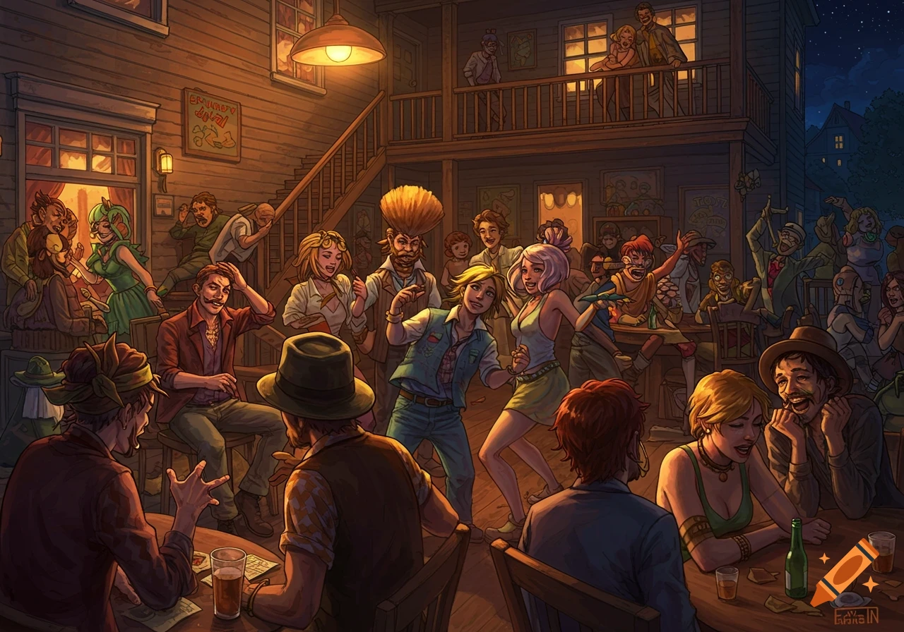 A detailed illustration of a lively party inside a crowded boarding house or tavern at night.