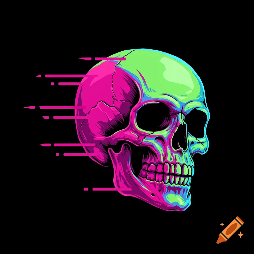 A vibrant neon pink and green skull with horizontal speed lines emanating from its left side, set against a black background.