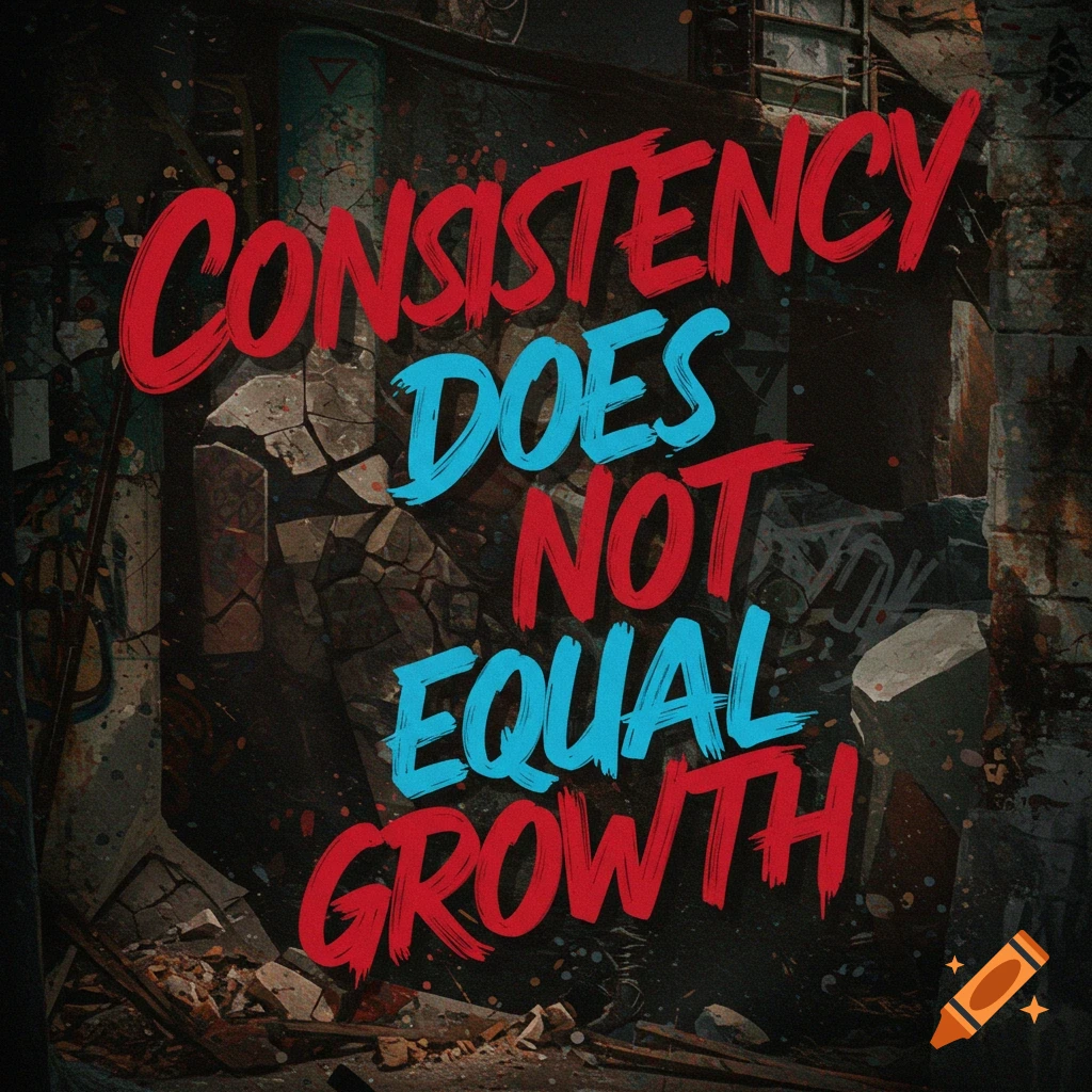 Text "CONSISTENCY DOES NOT EQUAL GROWTH" over an urban decay background.