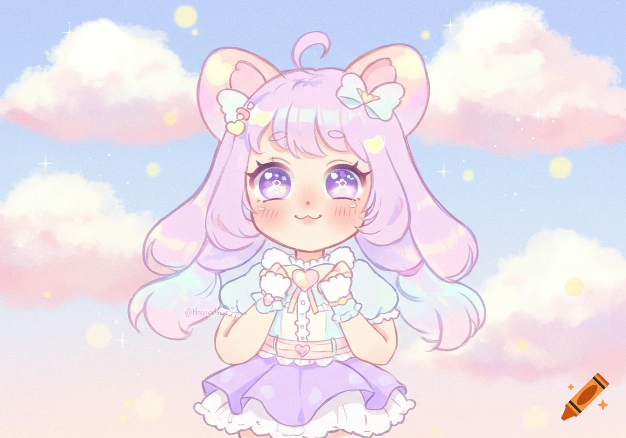 Cute pastel anime character with animal ears against a cloudy sky.