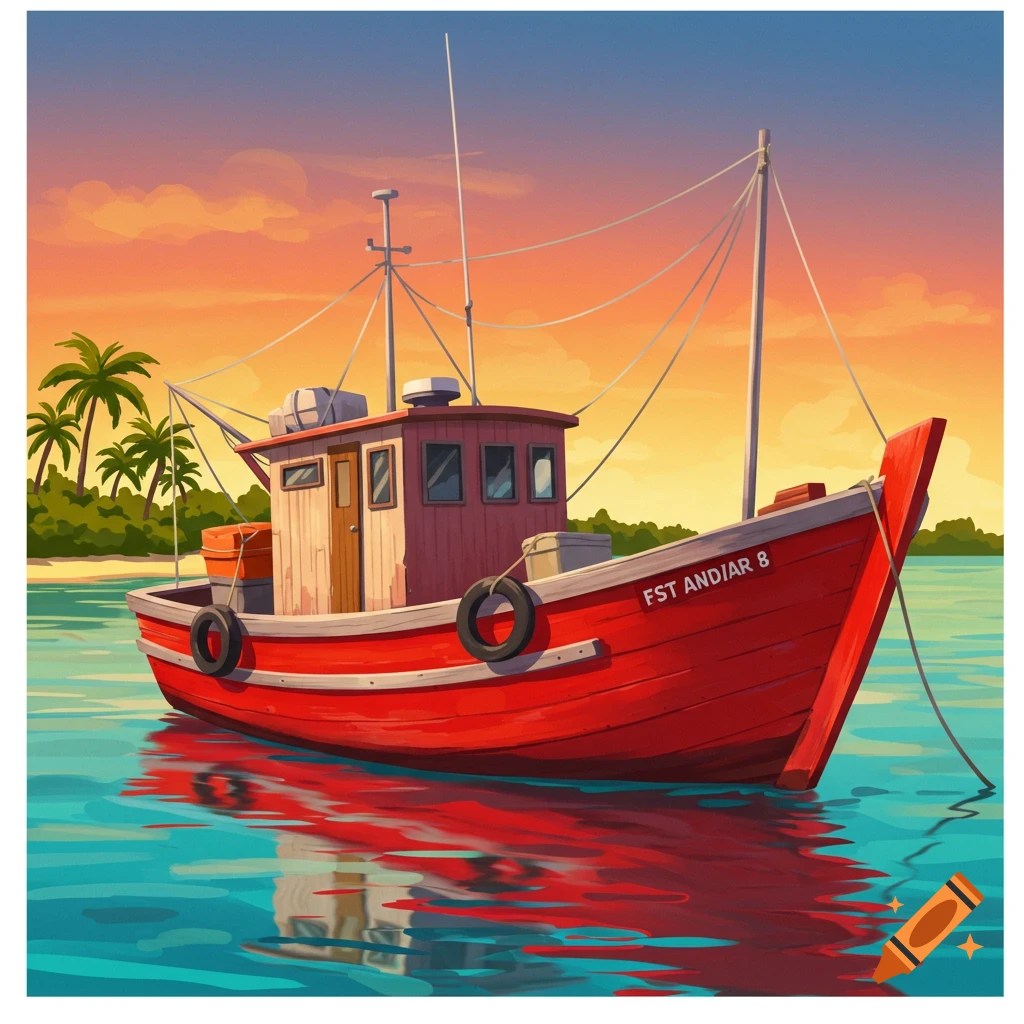 A red fishing boat floats on blue water near a tropical shore with palm trees under an orange sky in an illustration style.