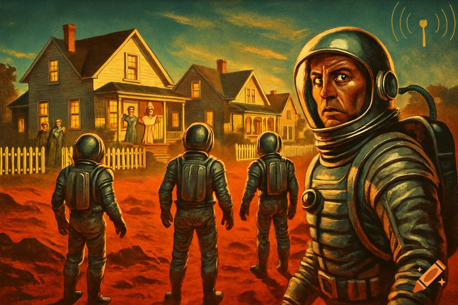 Retro pulp art of astronauts looking at a suburban neighborhood on the red surface of Mars.