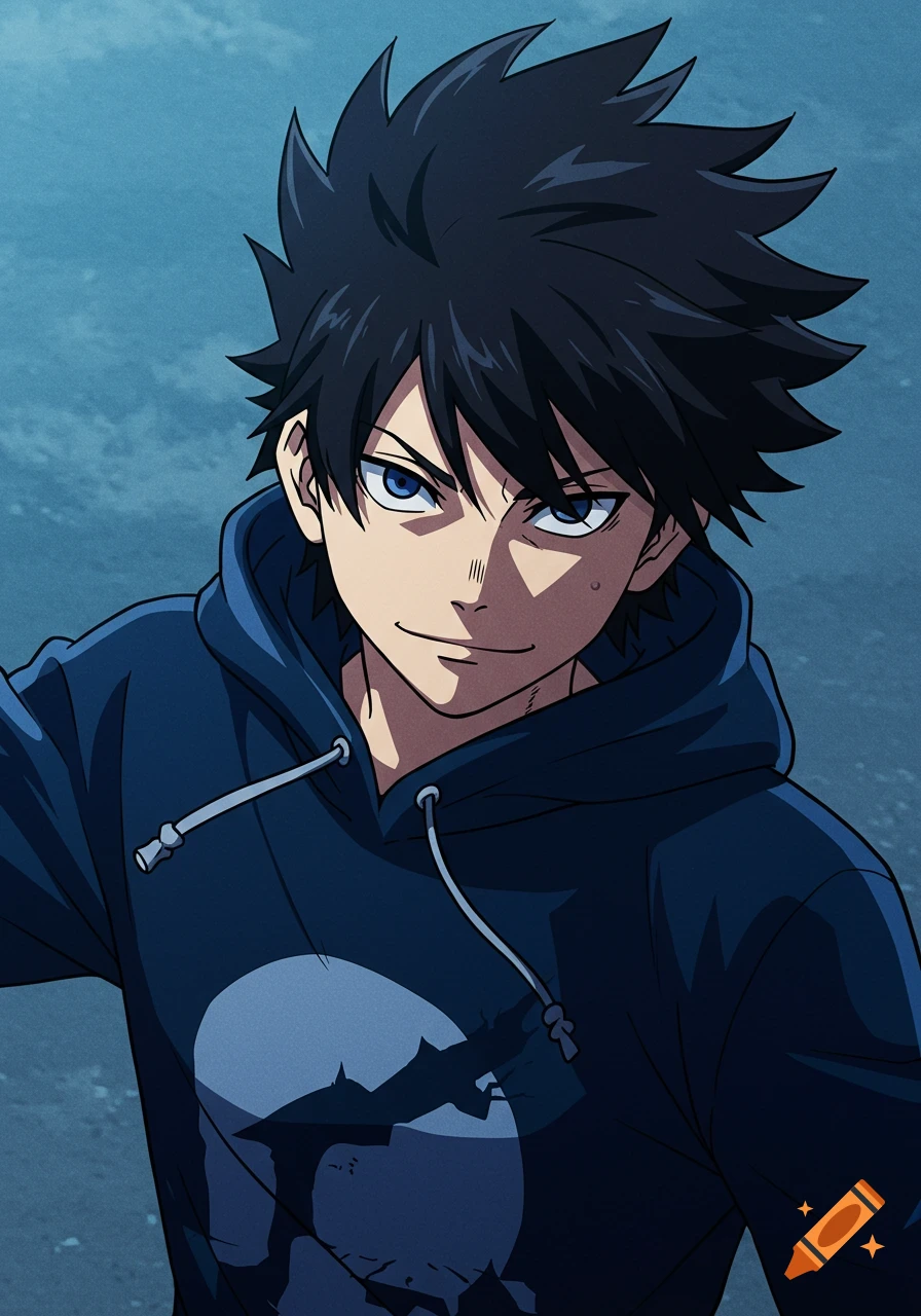 Anime portrait of a male character with spiky black hair and blue eyes wearing a blue hoodie with a skull design.