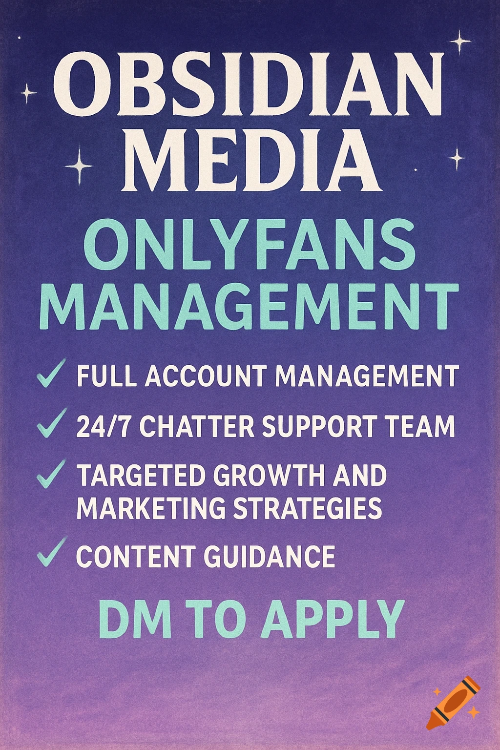 Advertisement poster for Obsidian Media OnlyFans Management, listing services like account management, support, and growth strategies on a purple gradient background.