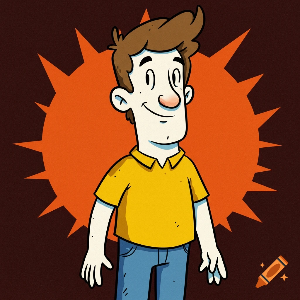 A cartoon man with brown hair and a yellow polo shirt stands against an orange burst shape.
