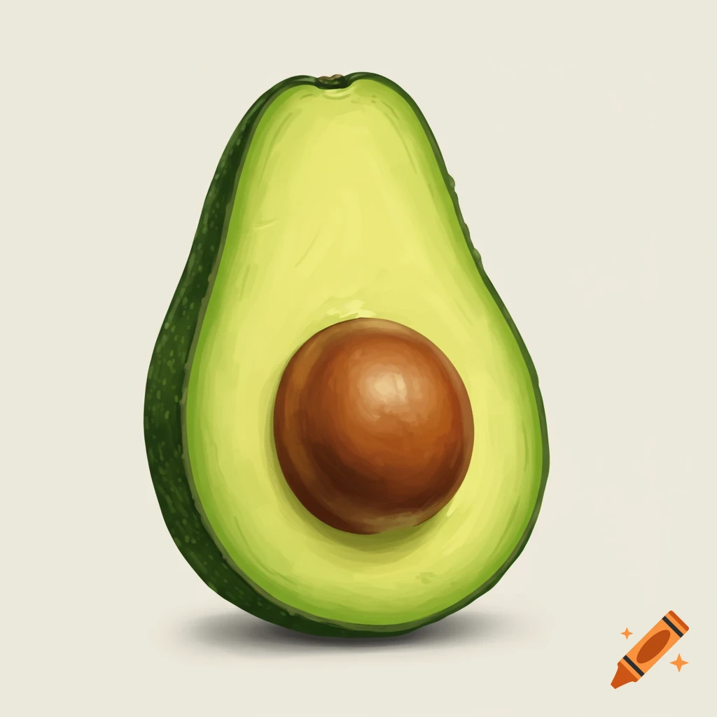 A sliced avocado with the pit visible, in a painterly style.