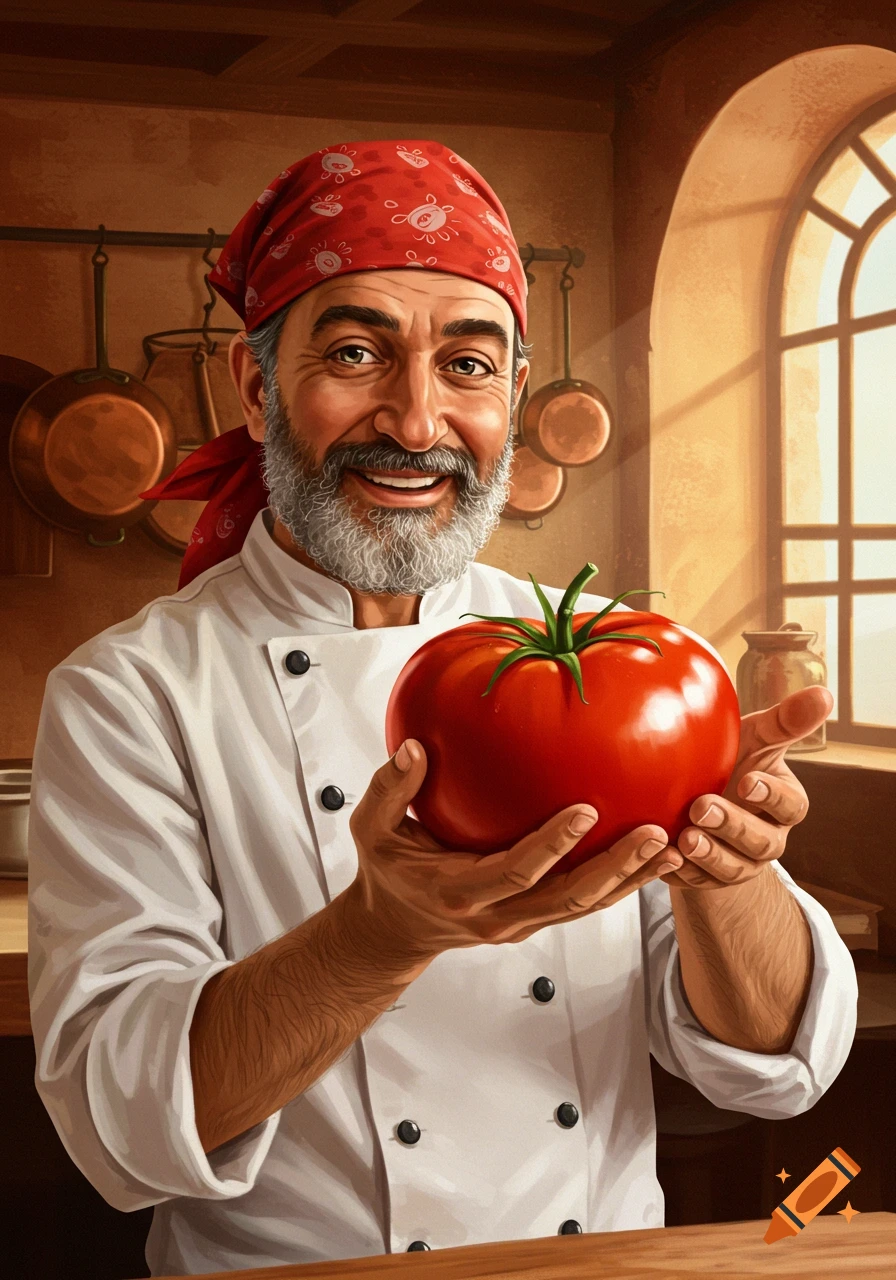 A smiling Italian chef with a beard and red bandana holds a large red tomato in a rustic kitchen setting. Illustration.