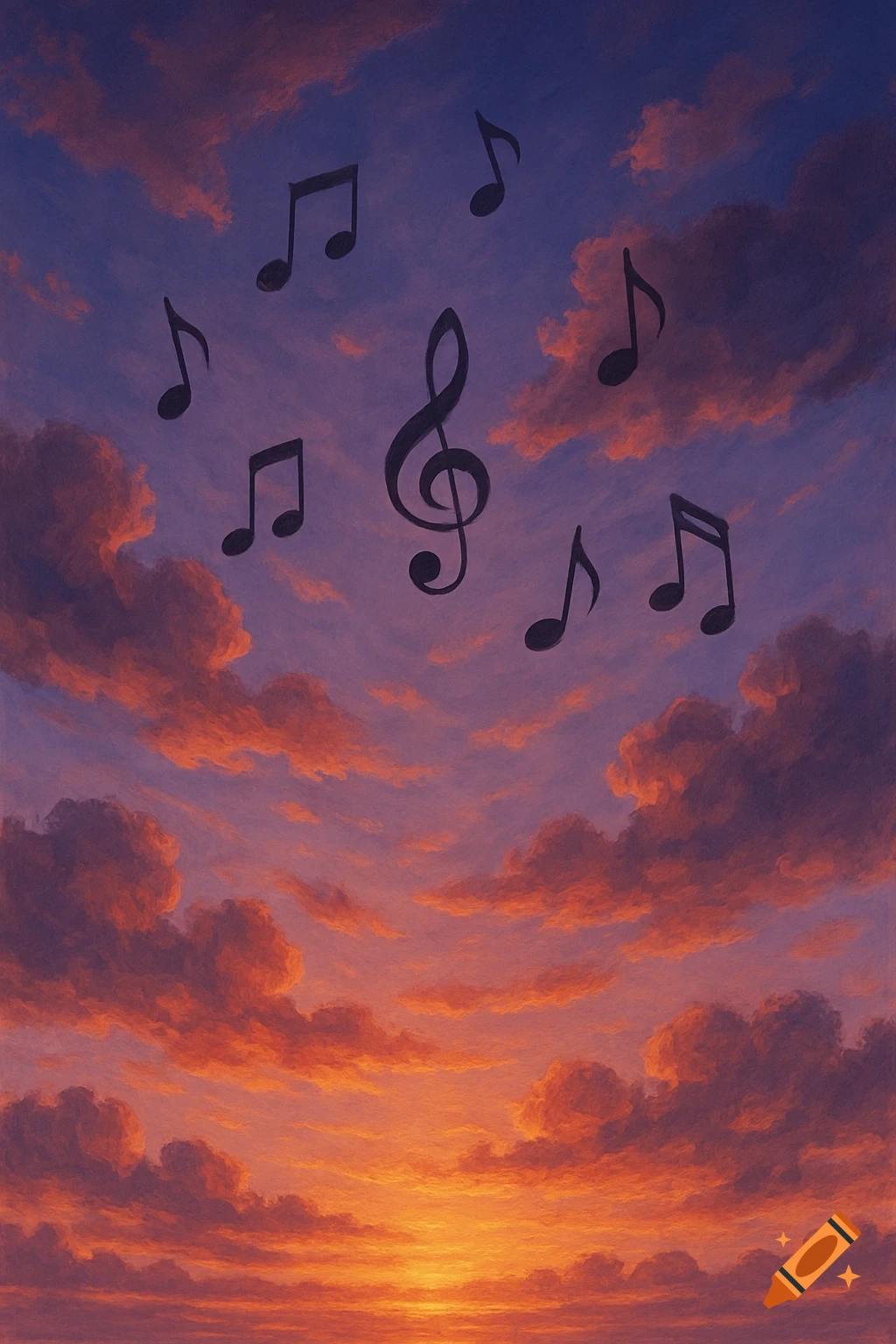 Musical notes float in a sky filled with orange and purple sunset clouds