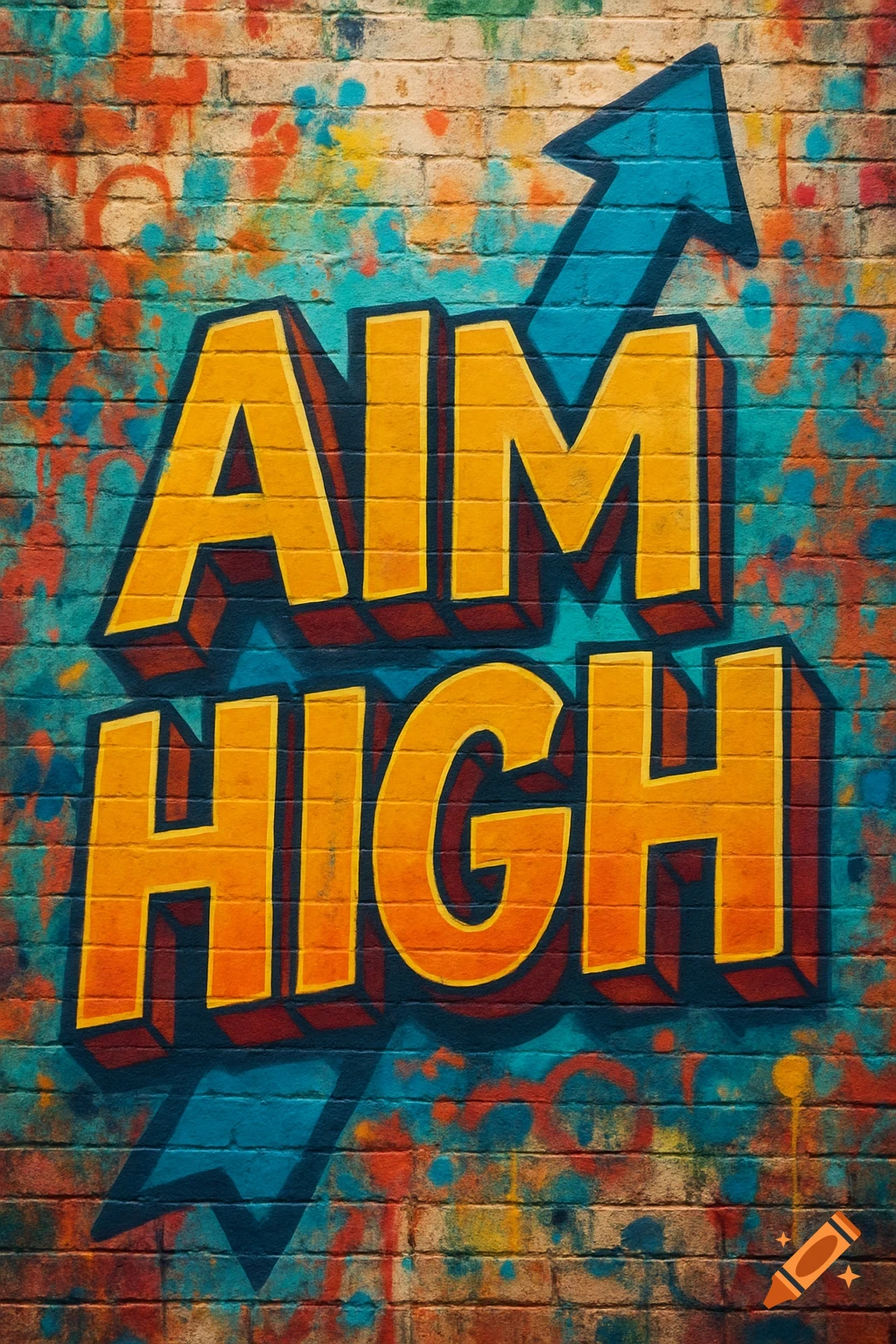 The words AIM HIGH in yellow and orange graffiti with an upward blue arrow on a colorful, paint-splattered brick wall.