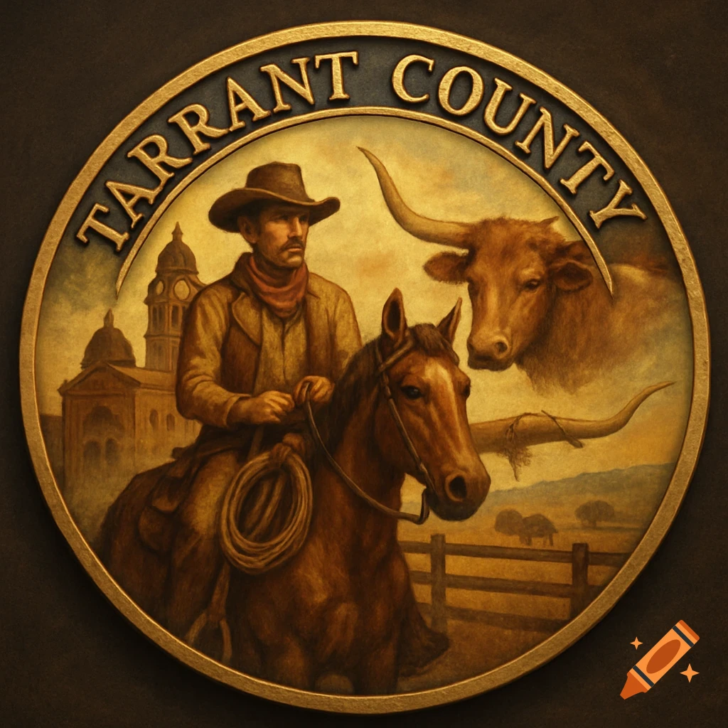 A circular design like a challenge coin showing a cowboy on a horse, a longhorn, a building, and text reading 'TARRANT COUNTY'.