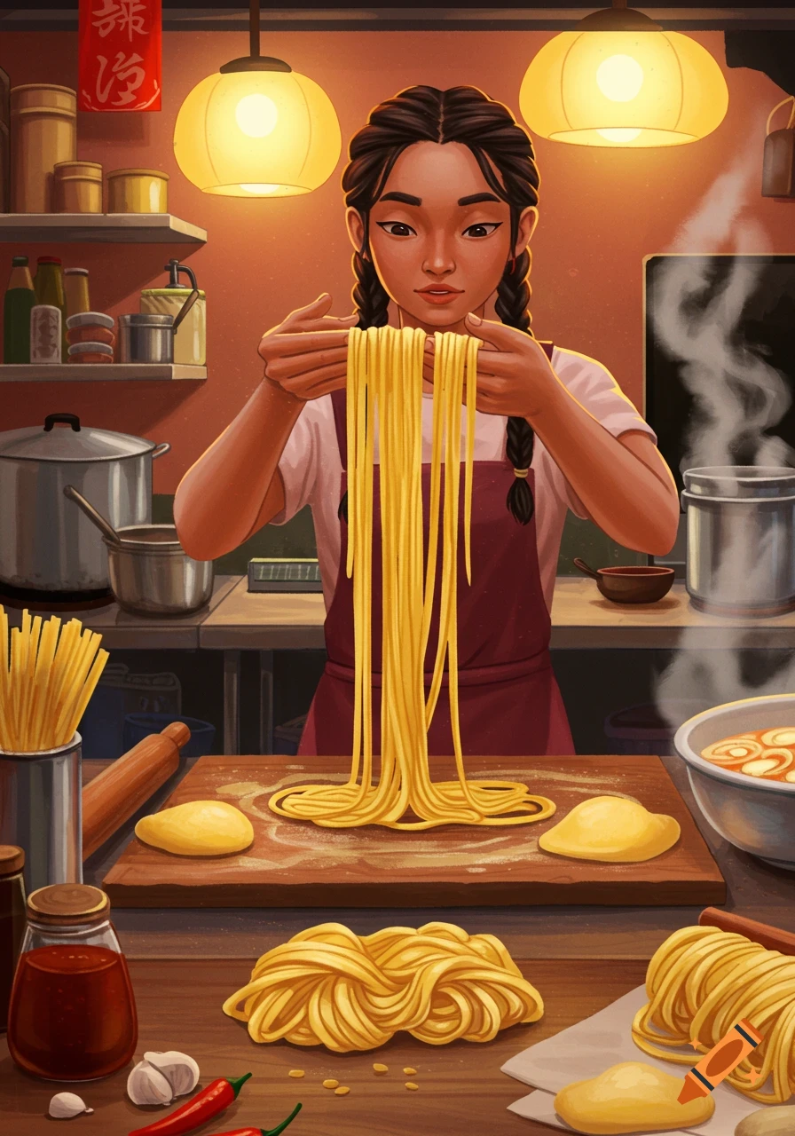 Illustration of a person making noodles by hand in a kitchen setting