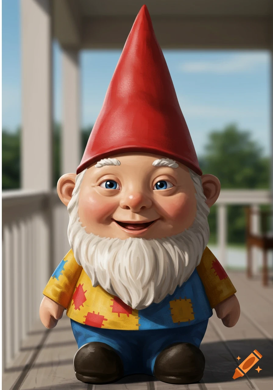 A colorful garden gnome with a red hat, white beard, and blue eyes, wearing a patched yellow and blue shirt, stands on a wooden porch.