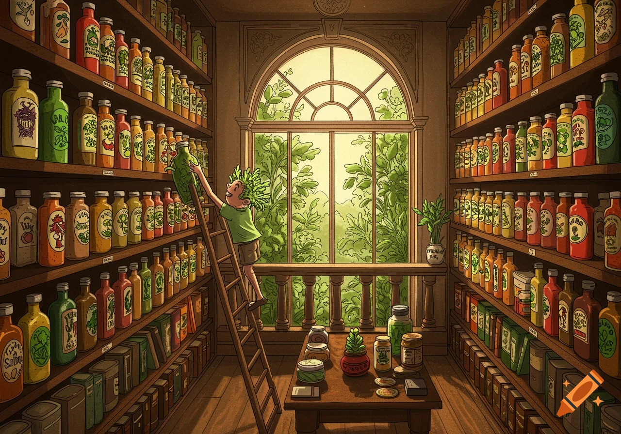 An illustration of a person on a ladder reaching for a bottle on shelves in a library of bottles, with a large window overlooking greenery.