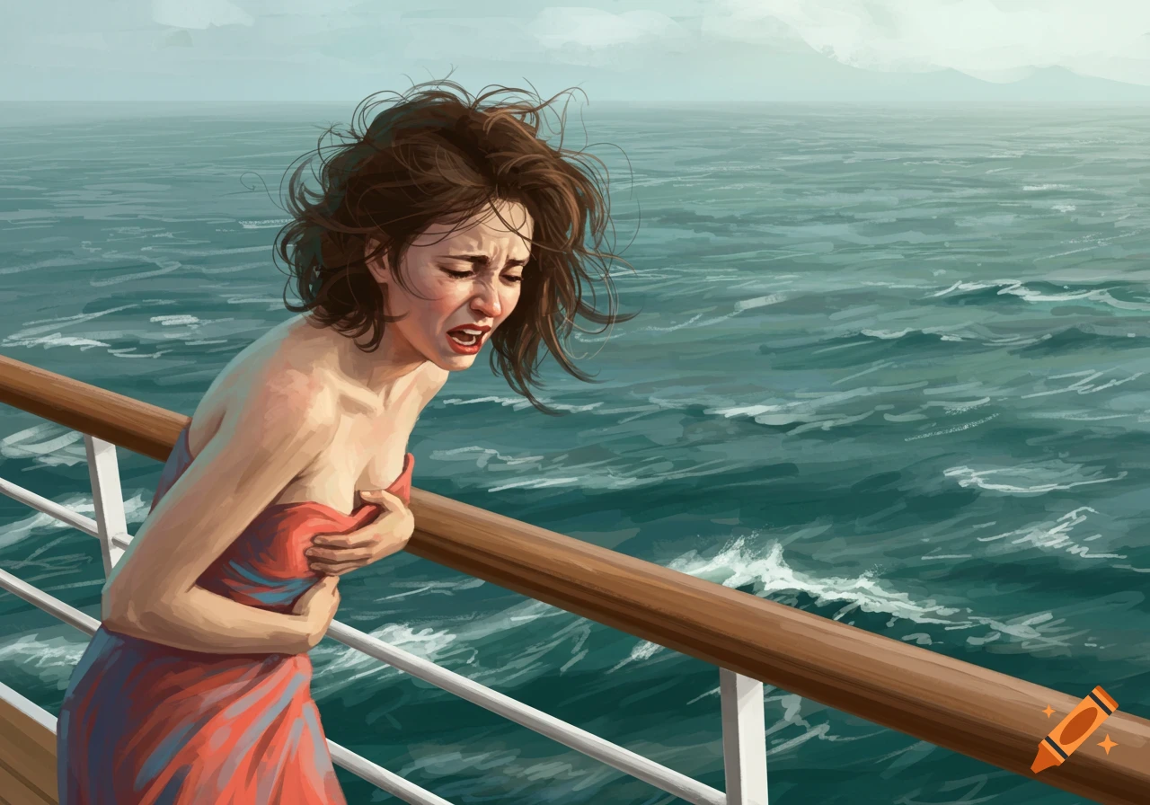 A seasick woman in a dress grips her stomach on a ship's deck overlooking a rough sea, in a painting style.