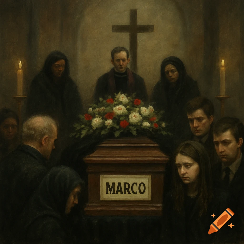 Mourners gather around a wooden coffin with a 'MARCO' nameplate and floral arrangement, a cross visible in the background, in a dark, somber painting.